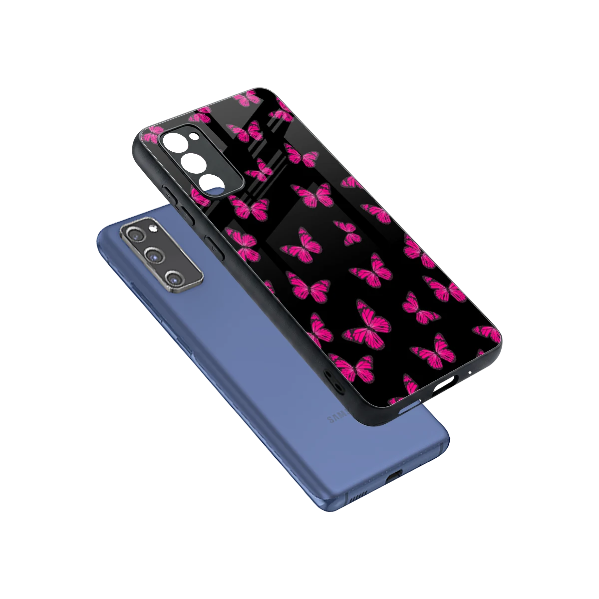 Butterfly Burst Black sleek samsung galaxy s20 fe cover with tempered glass back and TPU edges