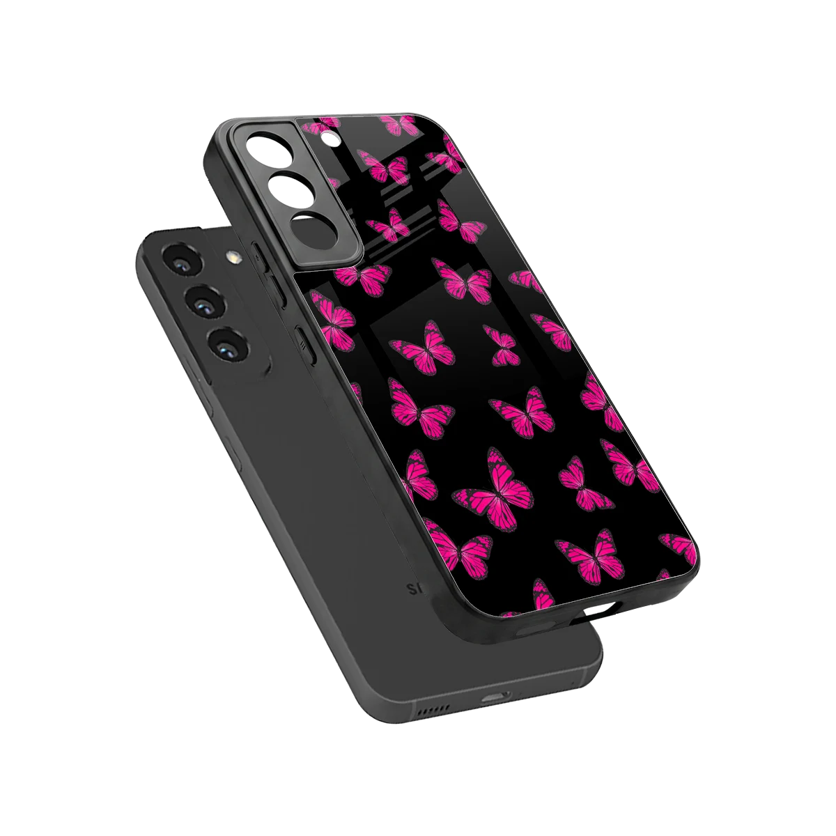Butterfly Burst Black sleek samsung galaxy s22 cover with tempered glass back and TPU edges