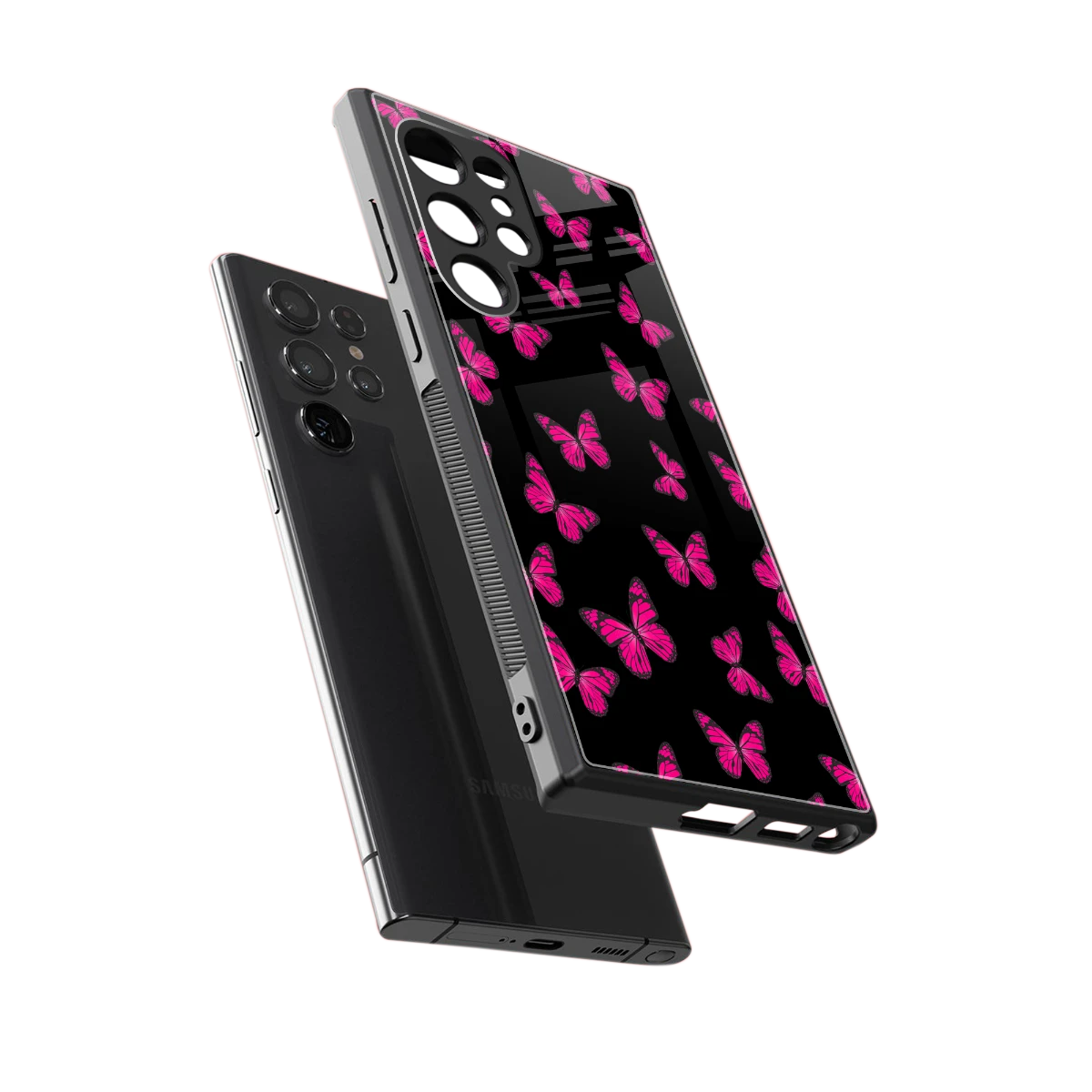 Butterfly Burst Black sleek samsung galaxy s24 ultra cover with tempered glass back and TPU edges