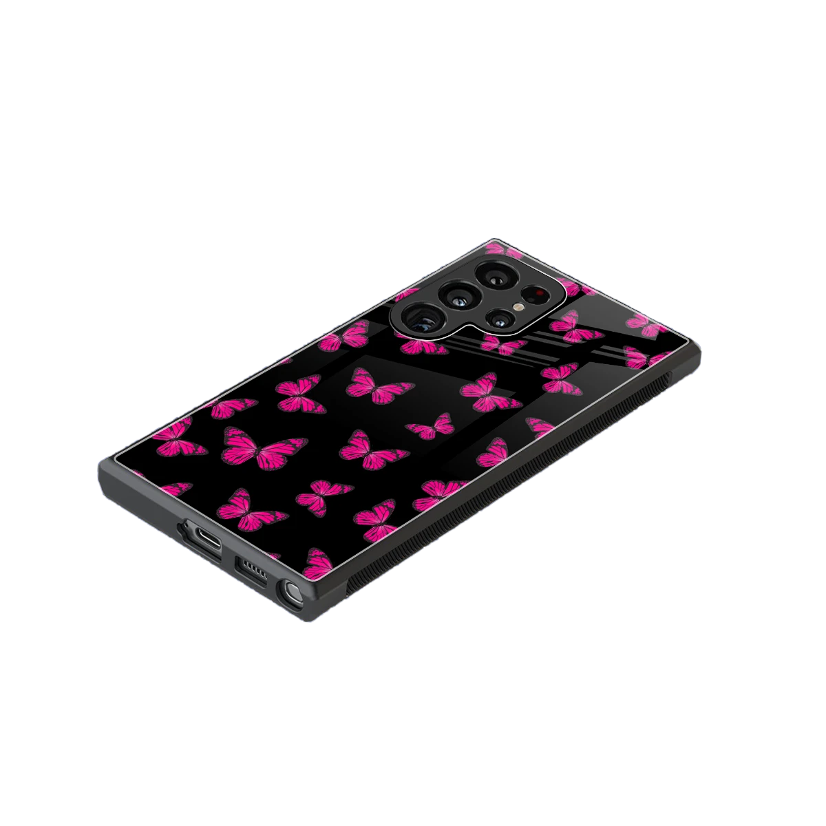 Butterfly Burst Black stylish phone case for samsung galaxy s23 ultra | glossy glass and slim fit