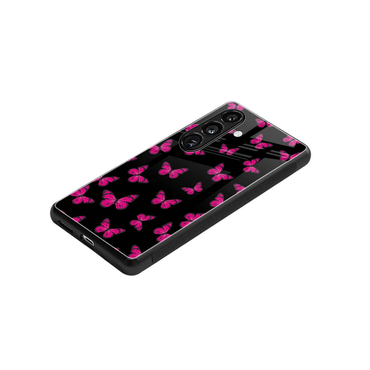 Butterfly Burst Black stylish phone case for samsung galaxy s23 fe | glossy glass and slim fit