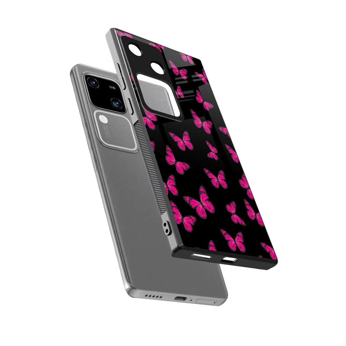 Butterfly Burst Black sleek vivo v30 cover with tempered glass back and TPU edges