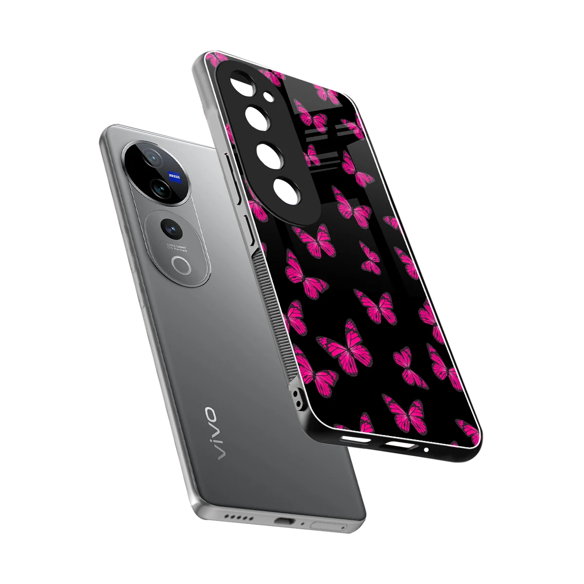 Butterfly Burst Black sleek vivo v40 pro cover with tempered glass back and TPU edges