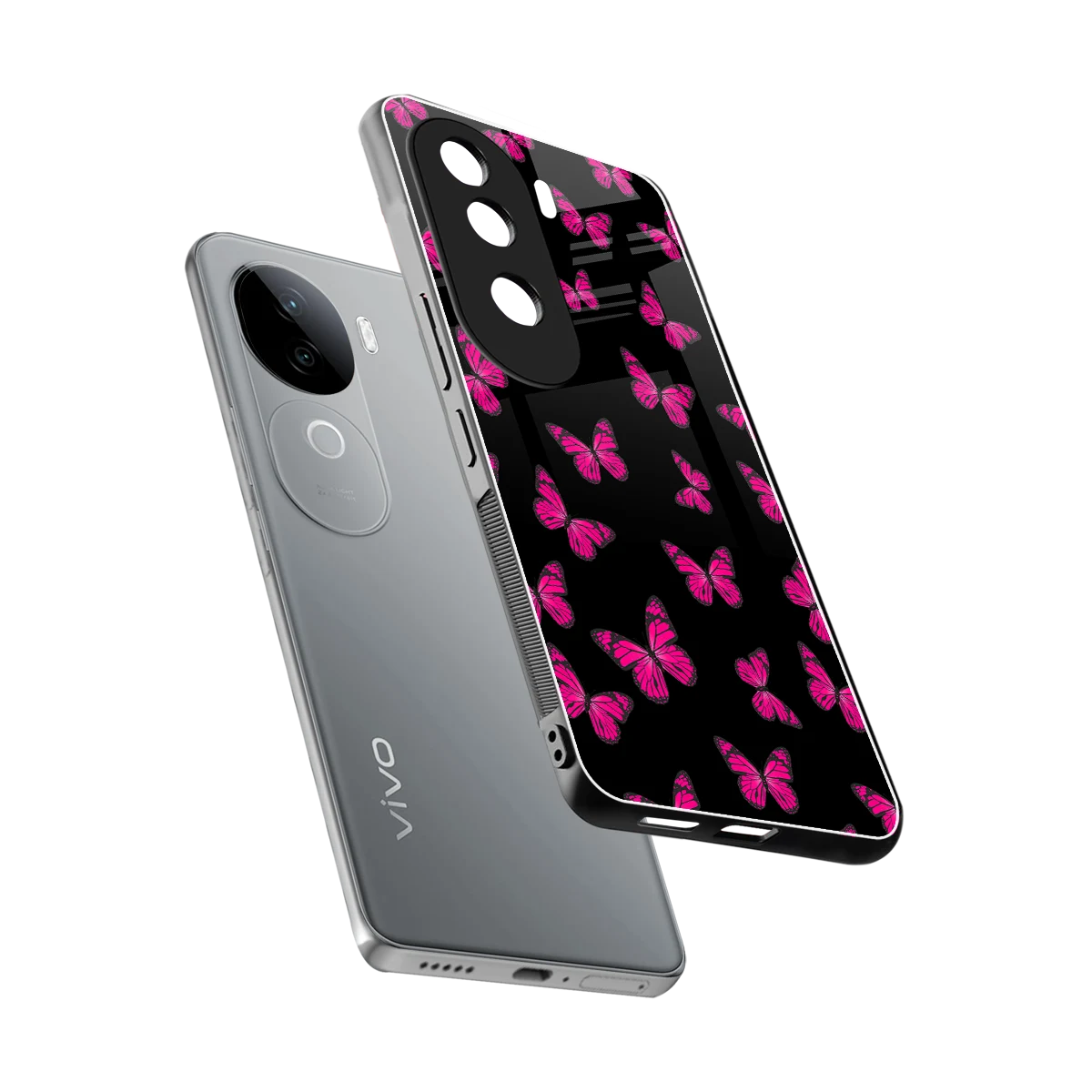Butterfly Burst Black sleek vivo v40e cover with tempered glass back and TPU edges