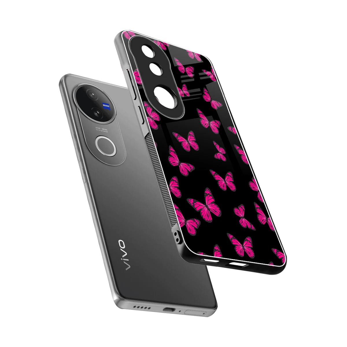 Butterfly Burst Black sleek vivo v50 cover with tempered glass back and TPU edges