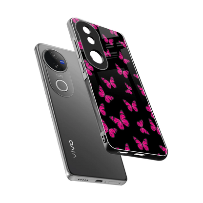 Butterfly Burst Black sleek vivo v50 cover with tempered glass back and TPU edges
