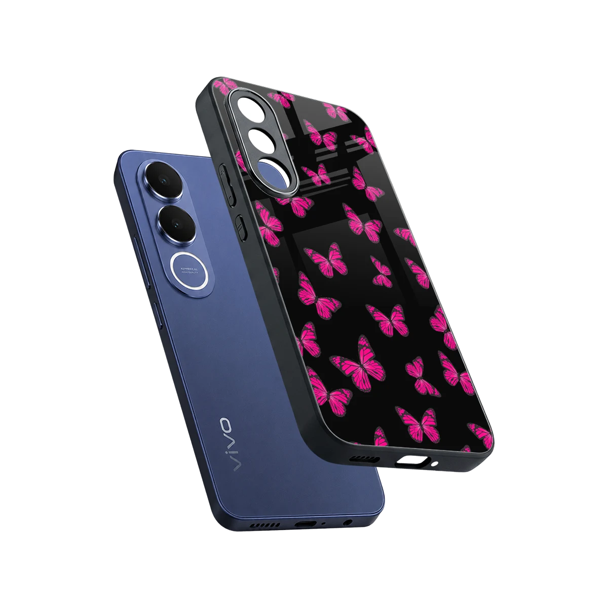 Butterfly Burst Black sleek vivo v70 fe cover with tempered glass back and TPU edges