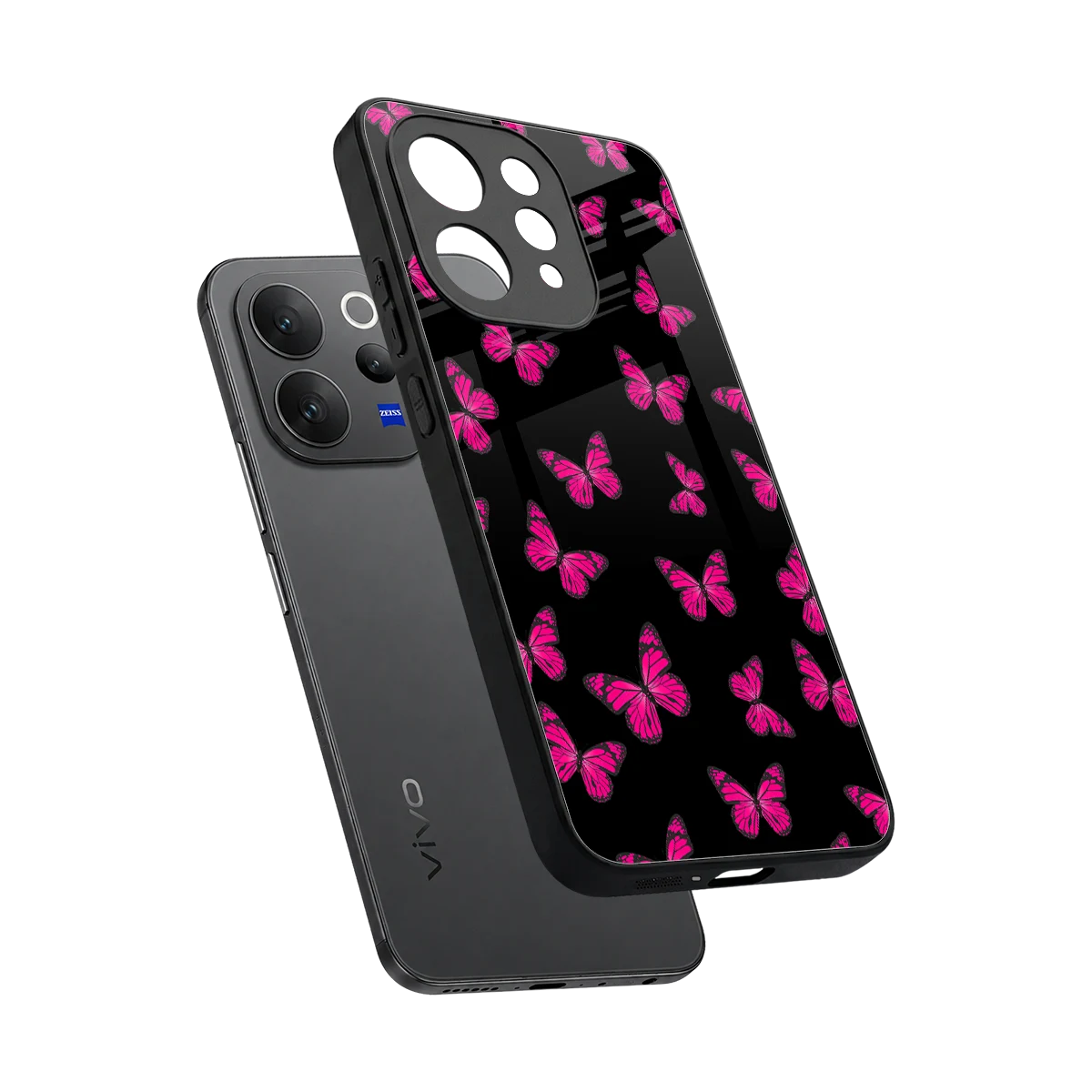 Butterfly Burst Black sleek vivo v70 elite cover with tempered glass back and TPU edges