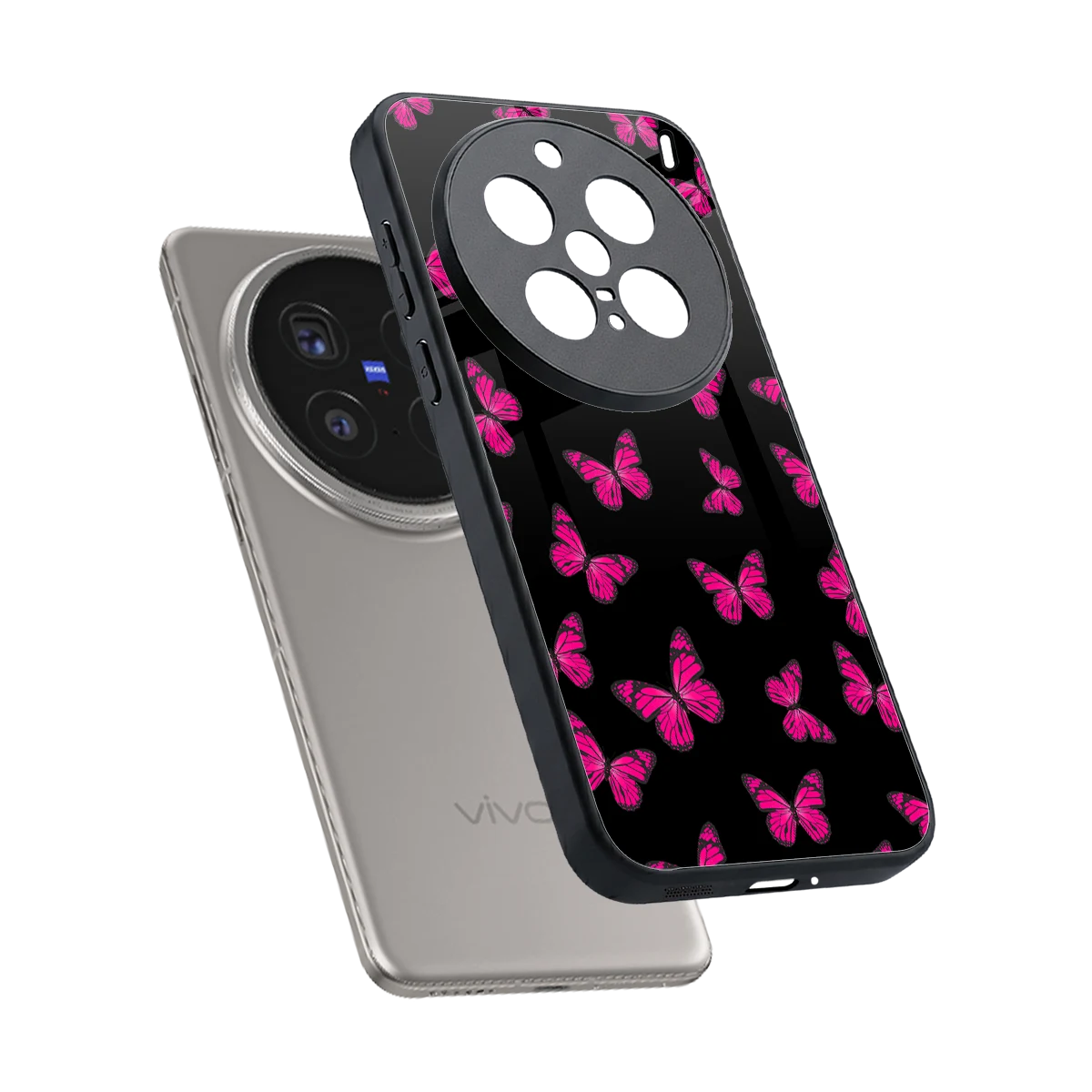 Butterfly Burst Black sleek vivo x200 pro cover with tempered glass back and TPU edges
