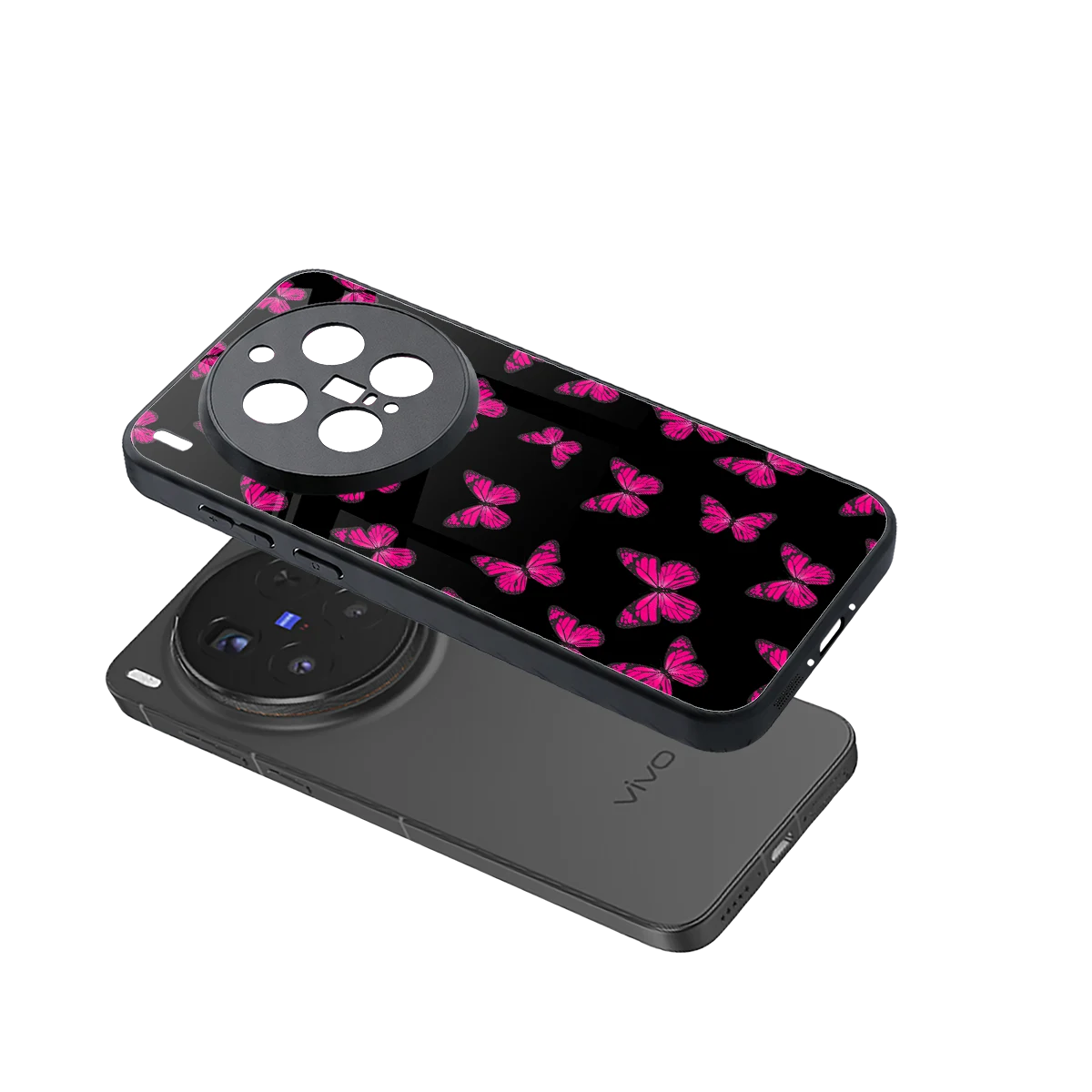 Butterfly Burst Black sleek vivo x300 pro cover with tempered glass back and TPU edges