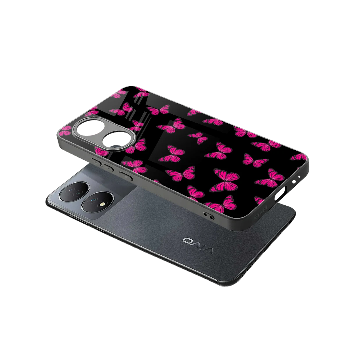 Butterfly Burst Black sleek Vivo-y100 cover with tempered glass back and TPU edges