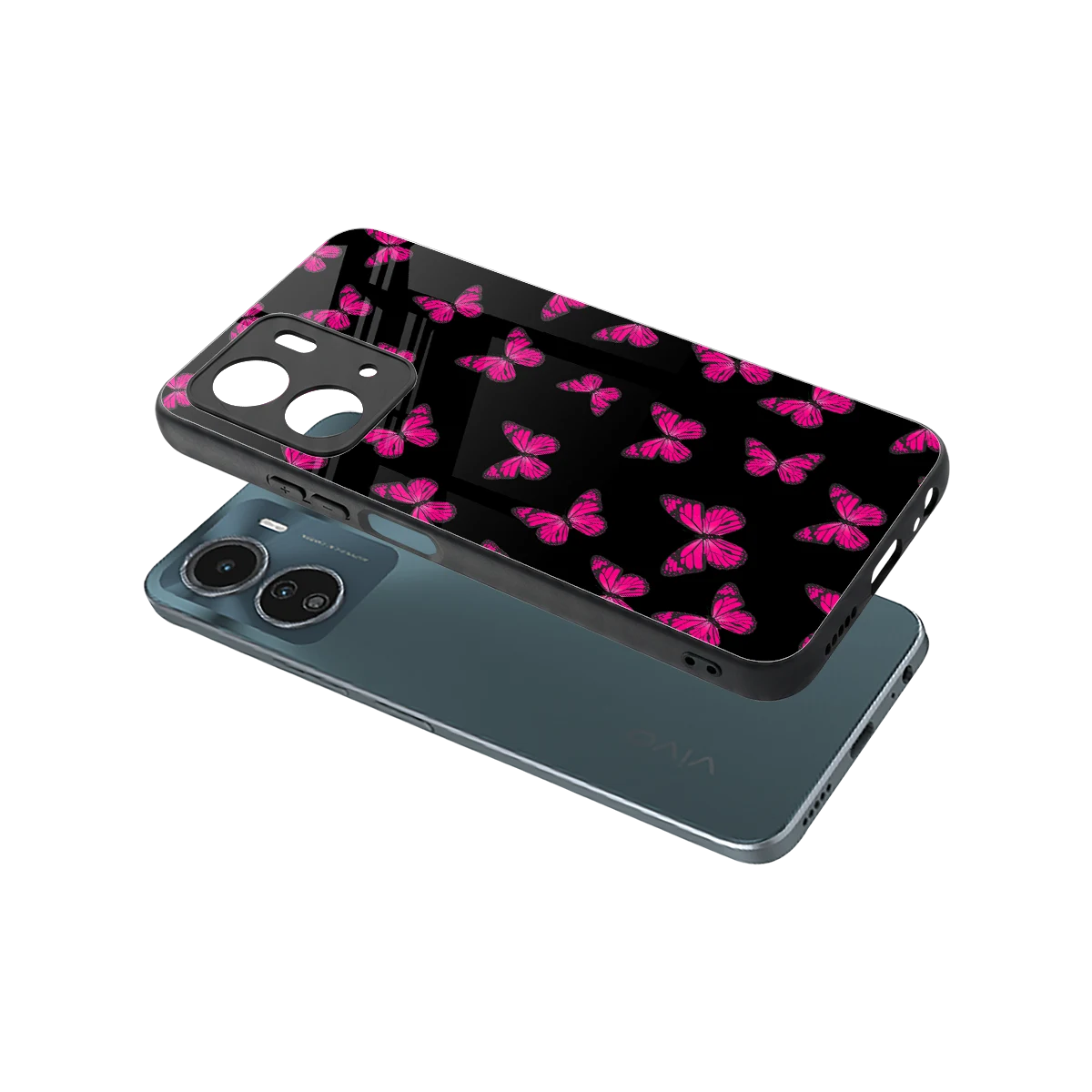 Butterfly Burst Black sleek vivo y16 cover with tempered glass back and TPU edges