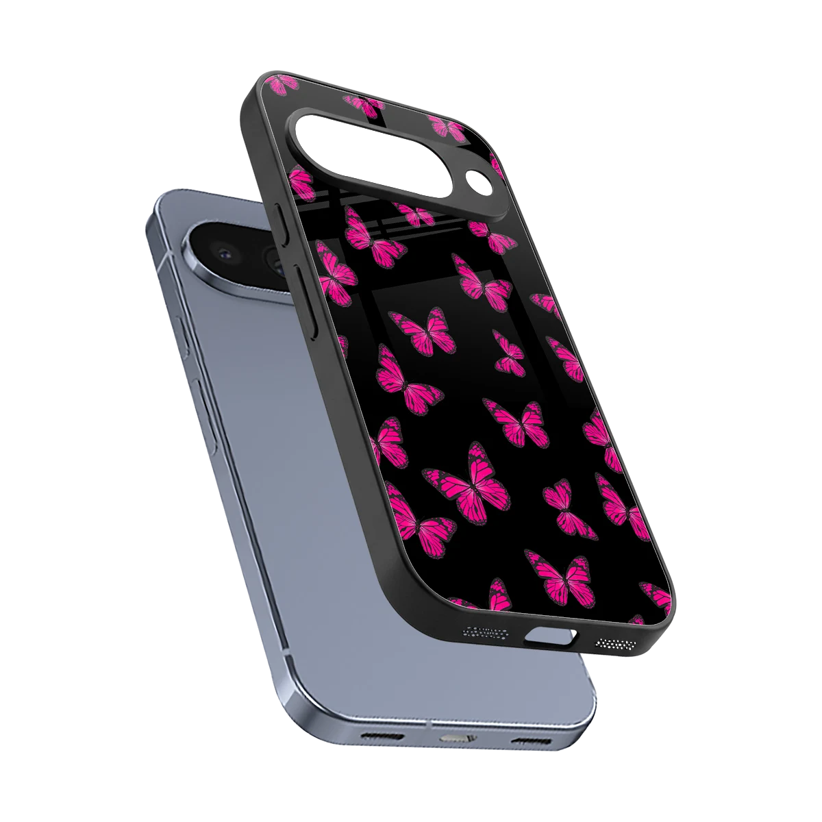 Butterfly Burst Black sleek google pixel 10 cover with tempered glass back and TPU edges
