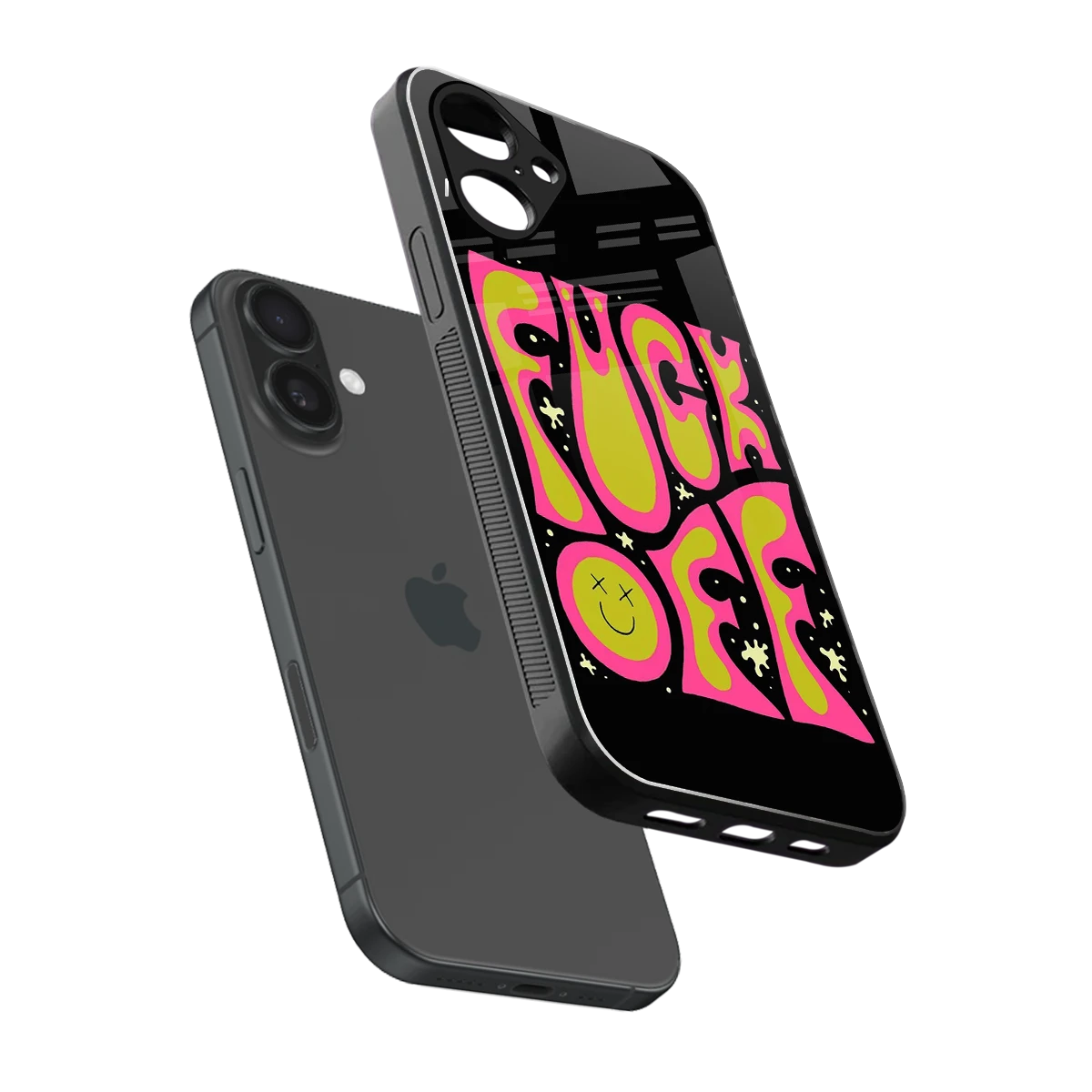 Buzz Off sleek iPhone 16 cover with tempered glass back and TPU edges