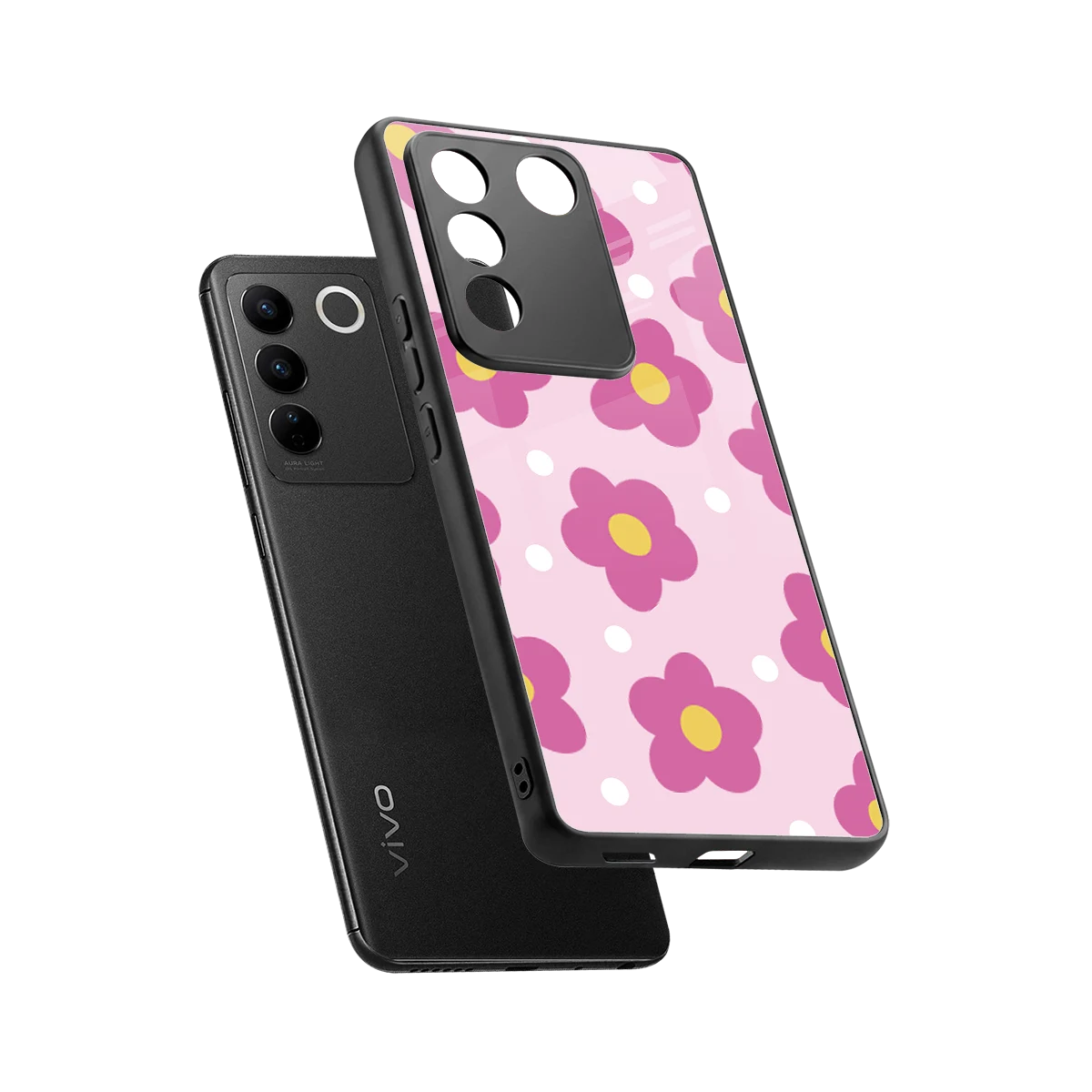 Candy Flower sleek vivo v27 5g cover with tempered glass back and TPU edges