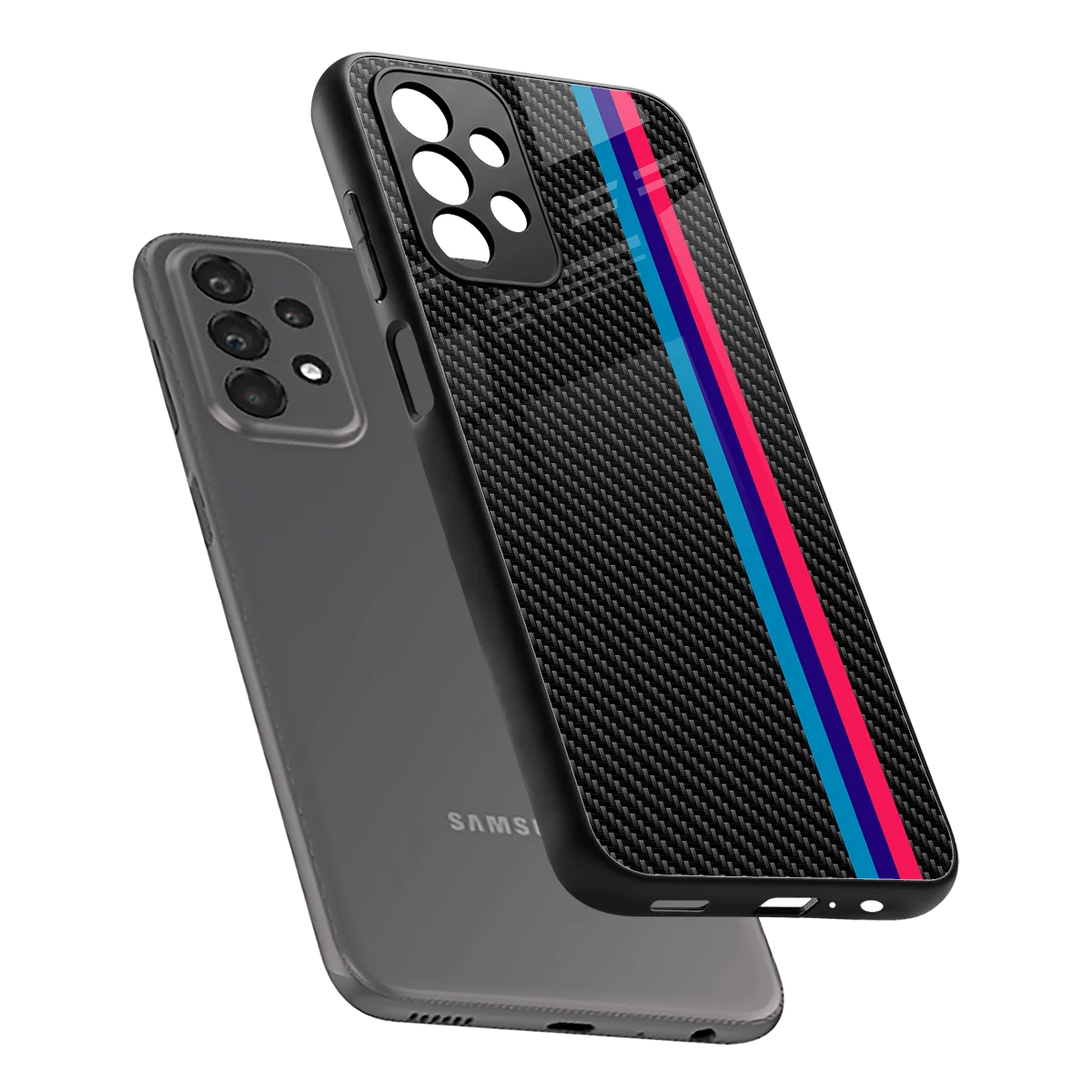 Carbon Fiber sleek samsung galaxy a23 cover with tempered glass back and TPU edges