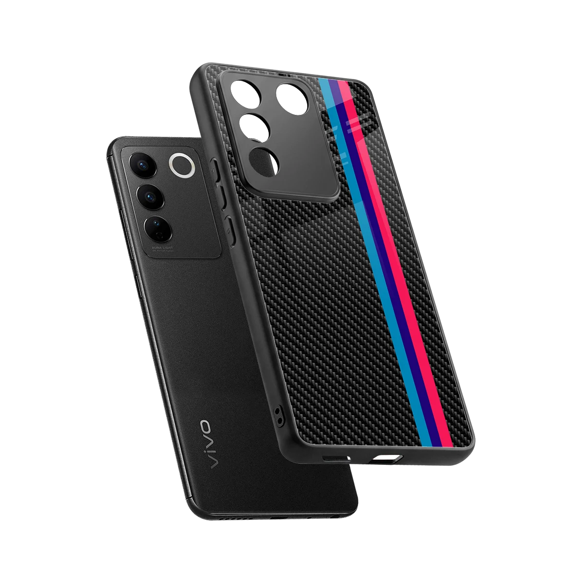 Carbon Fiber sleek vivo v27 5g cover with tempered glass back and TPU edges
