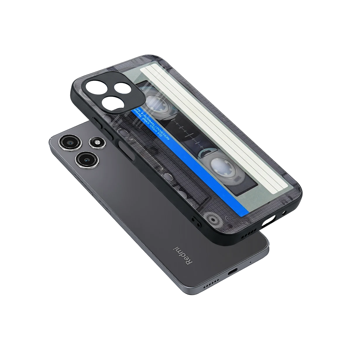 Cassette Retro sleek redmi 12 5g cover with tempered glass back and TPU edges