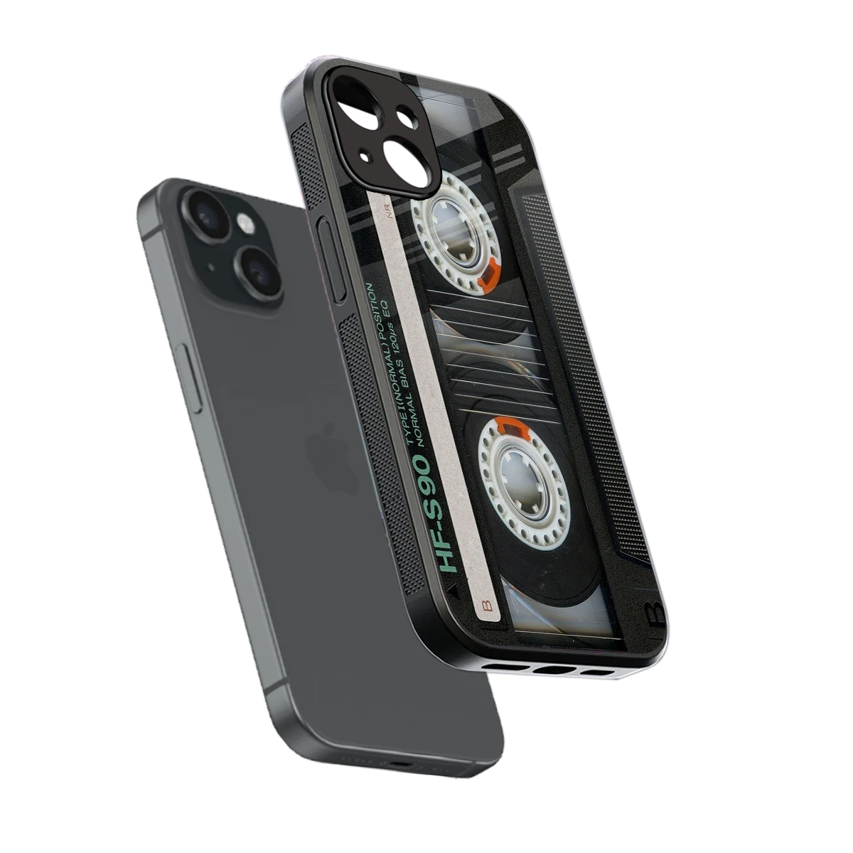 Cassette Tape sleek iphone 15 cover with tempered glass back and TPU edges