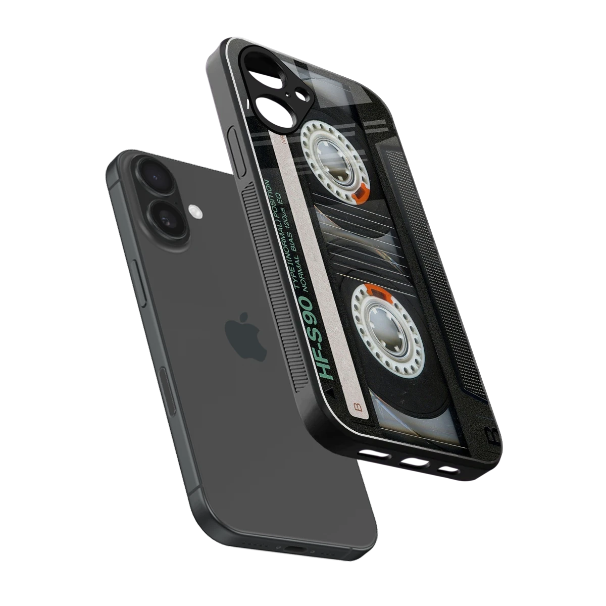 Cassette Tape sleek iPhone 16 cover with tempered glass back and TPU edges