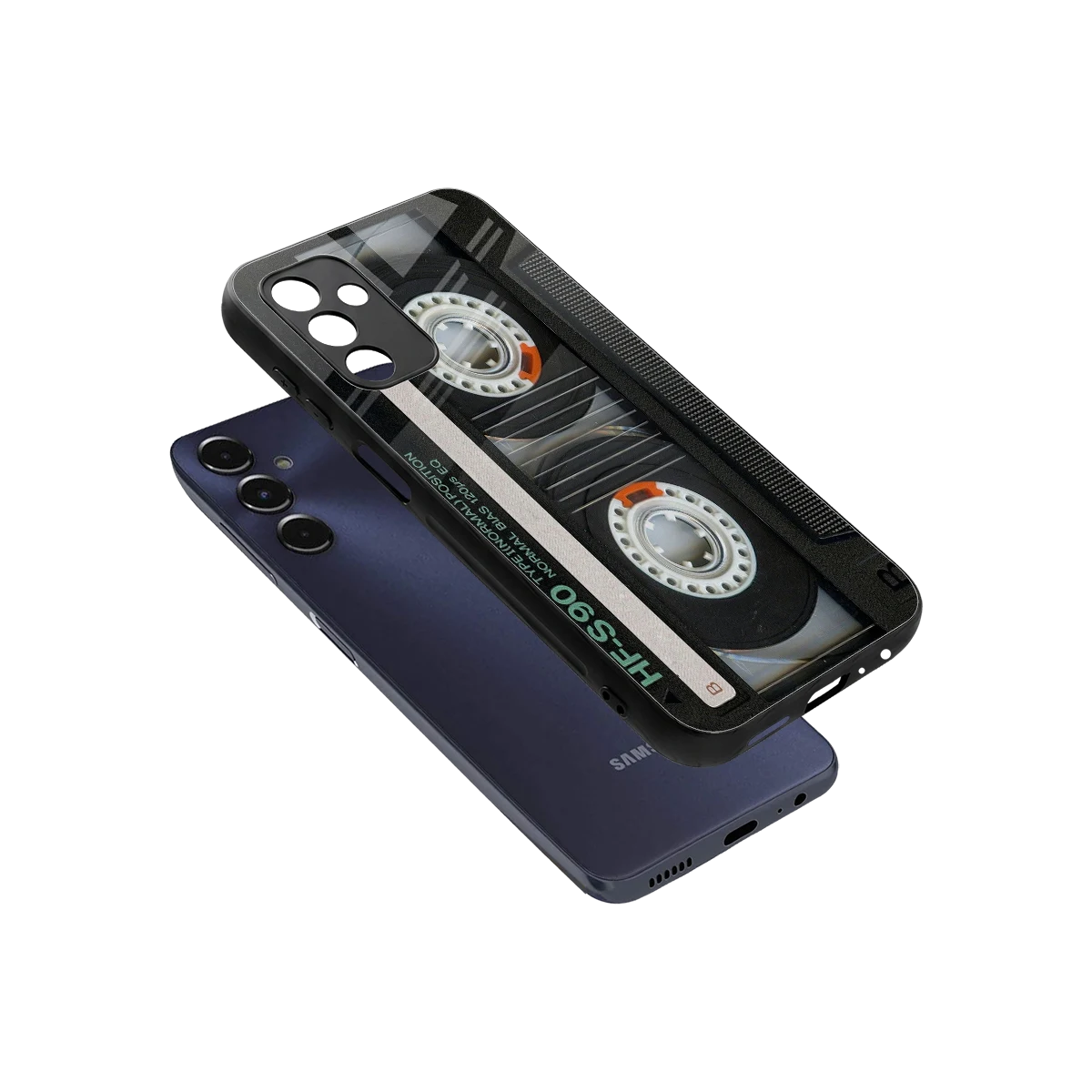 Cassette Tape sleek samsung galaxy m14 5g cover with tempered glass back and TPU edges