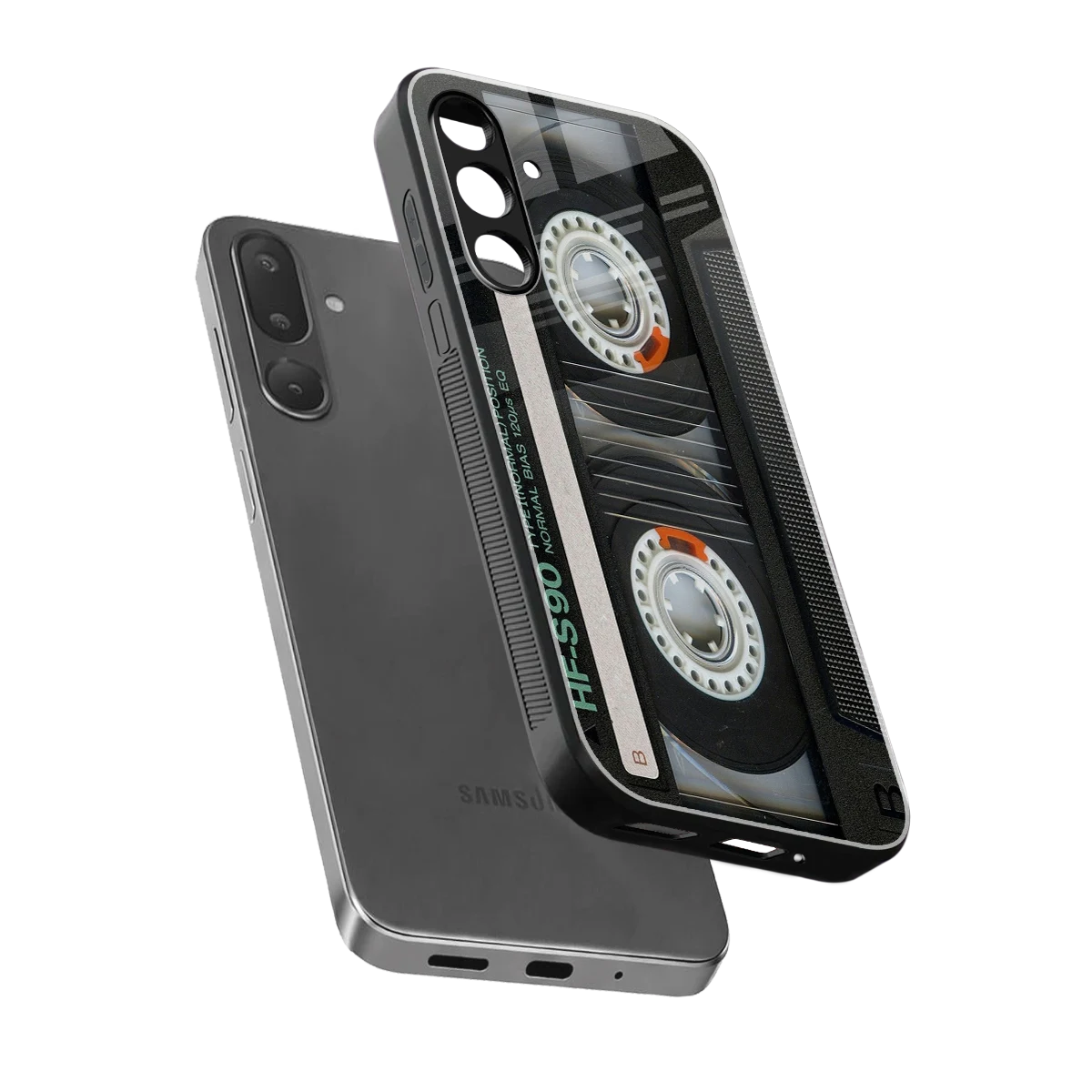 Cassette Tape sleek samsung galaxy m36 5g cover with tempered glass back and TPU edges