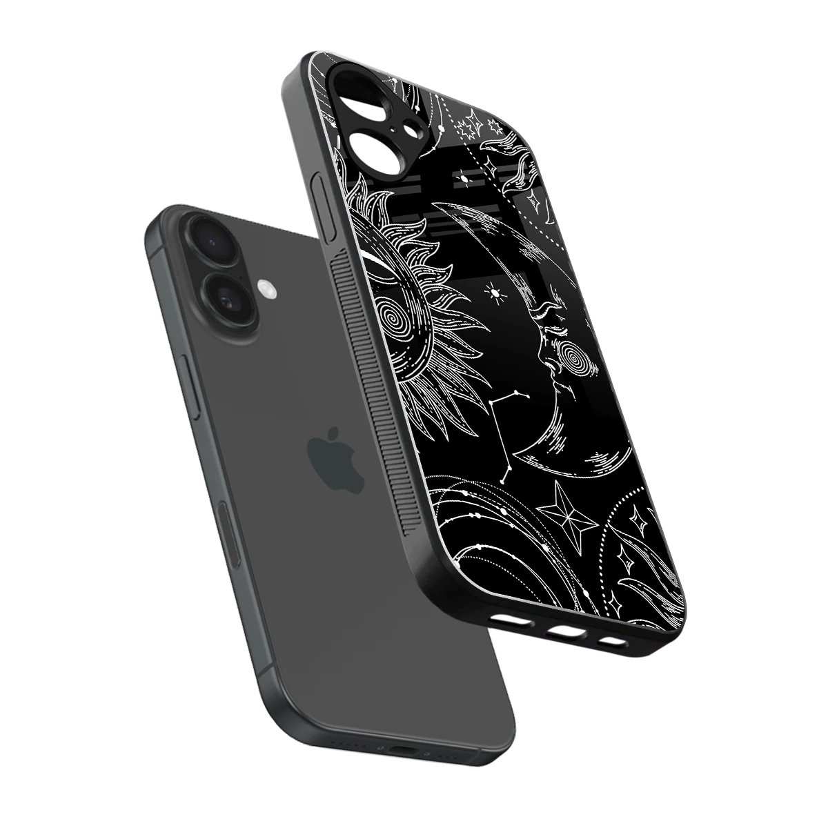 Celestial Duo sleek iPhone 16 cover with tempered glass back and TPU edges