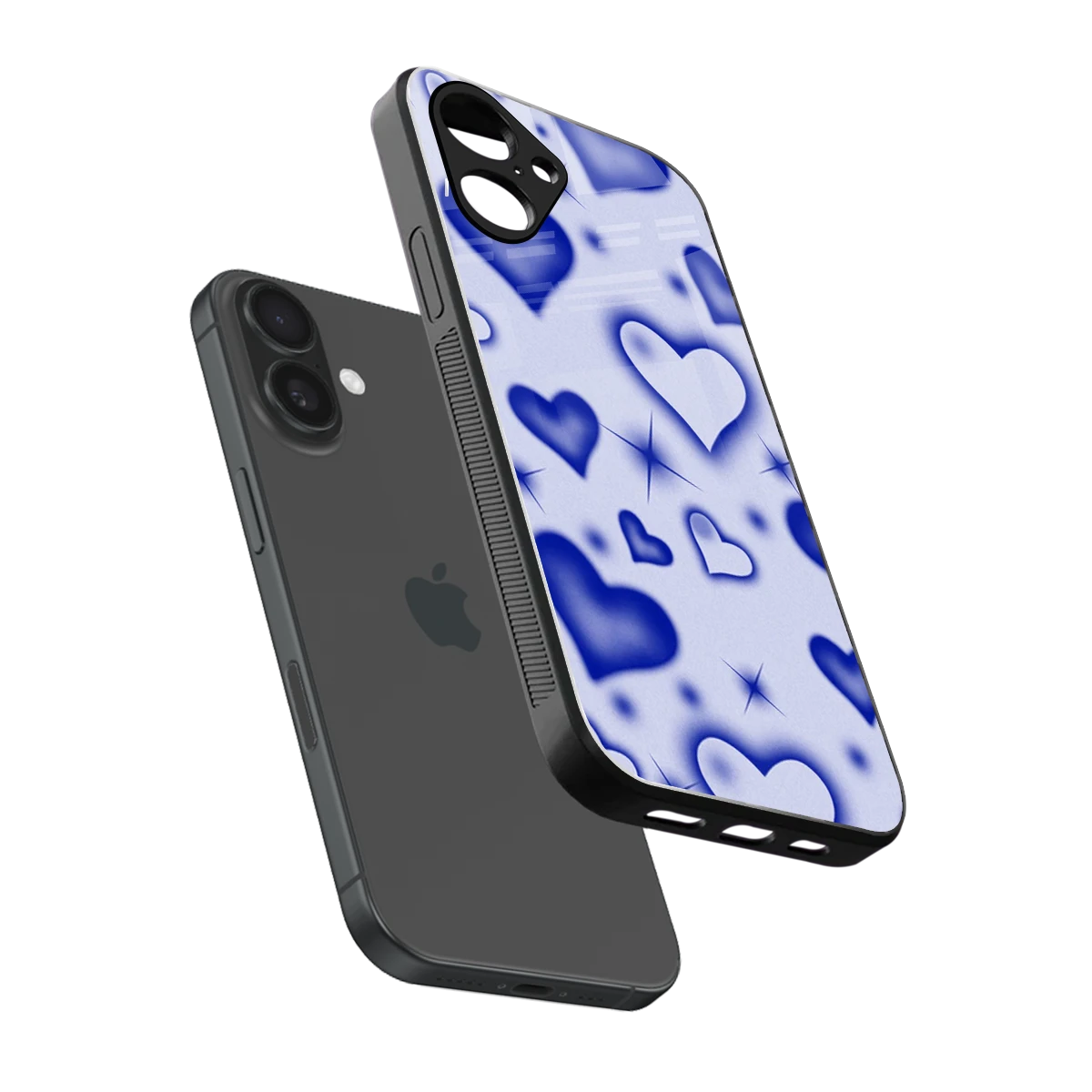 Celestial Hearts sleek iPhone 16 cover with tempered glass back and TPU edges
