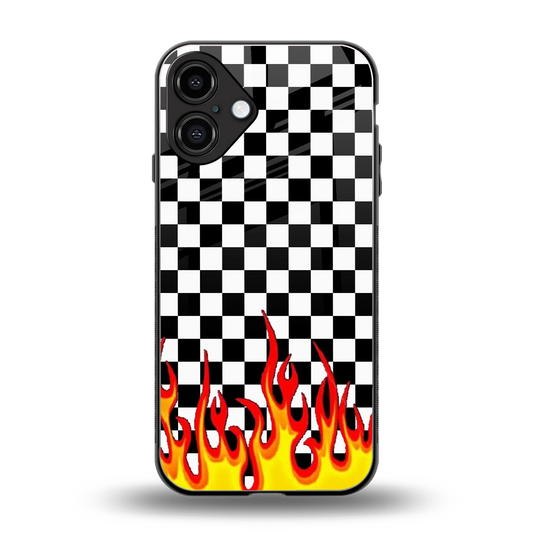Check Fire back phone cover | glass case for iphone 16 plus