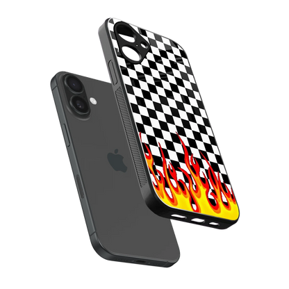 Check Fire sleek iPhone 16 cover with tempered glass back and TPU edges