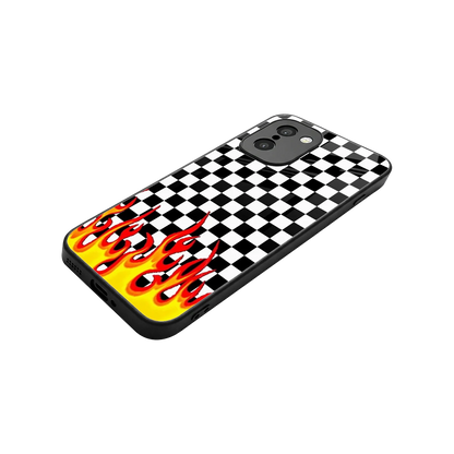 Check Fire stylish phone case for oneplus 15r | glossy glass and slim fit