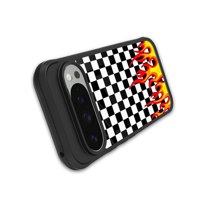 Check Fire stylish phone case for google pixel 9 pro xl | glossy glass and slim fit
