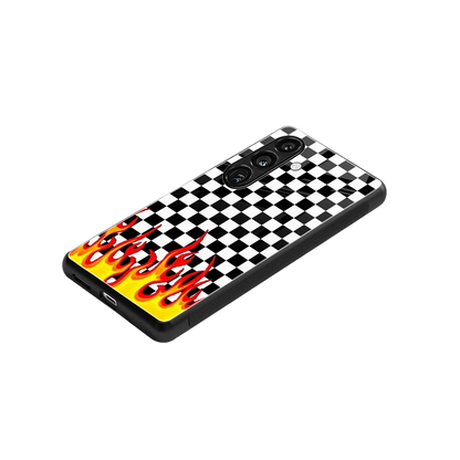 Check Fire stylish phone case for samsung galaxy s23 fe | glossy glass and slim fit
