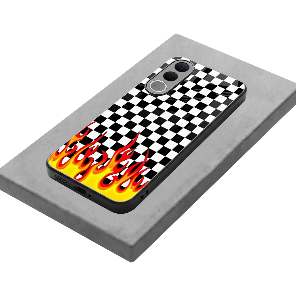 Check Fire stylish phone case for vivo v70 fe | glossy glass and slim fit