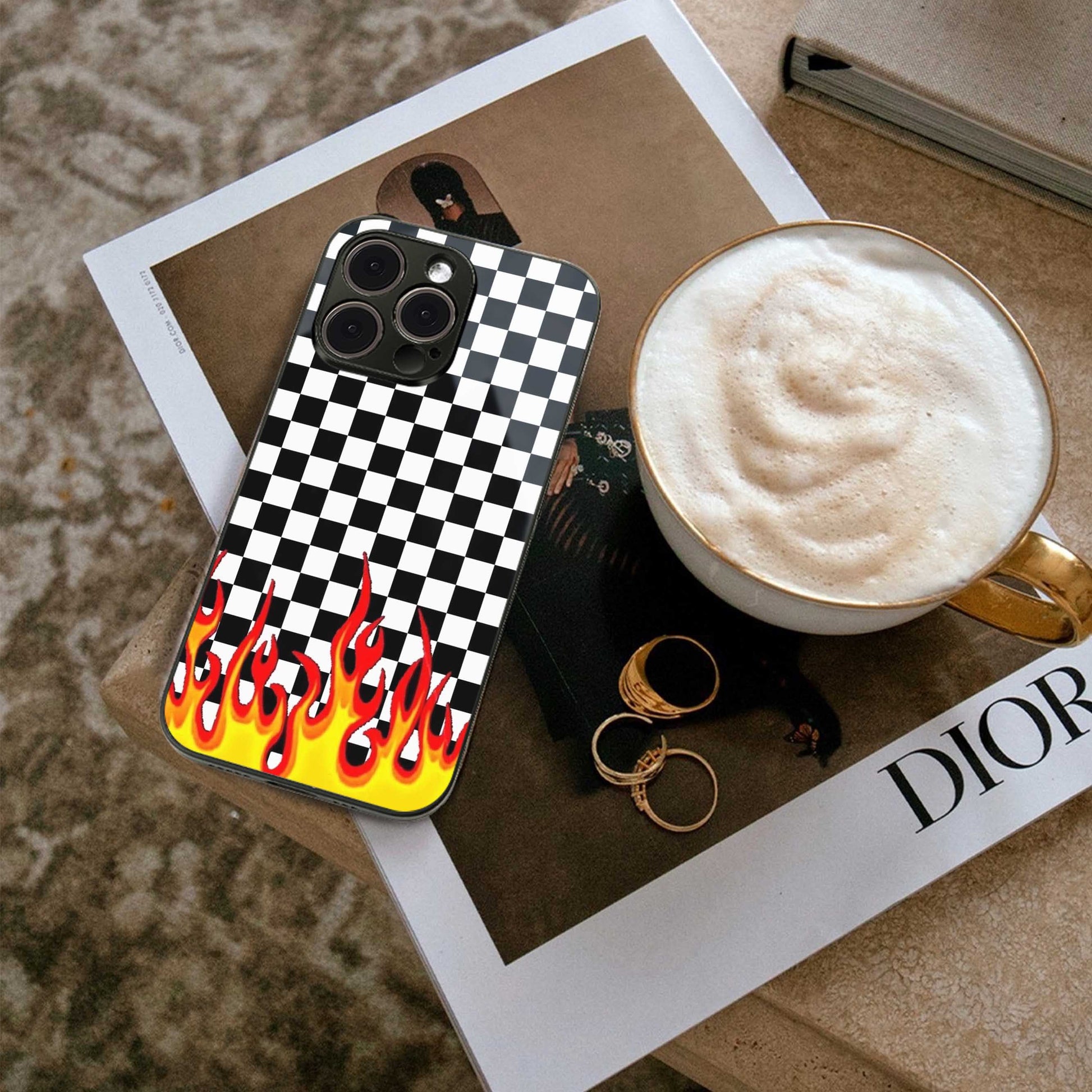Check Fire TPU glass hybrid case for iPhone 16 | premium mobile back cover
