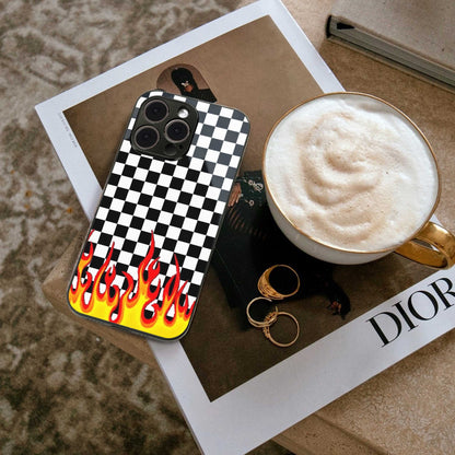 Check Fire TPU glass hybrid case for iPhone 16 | premium mobile back cover