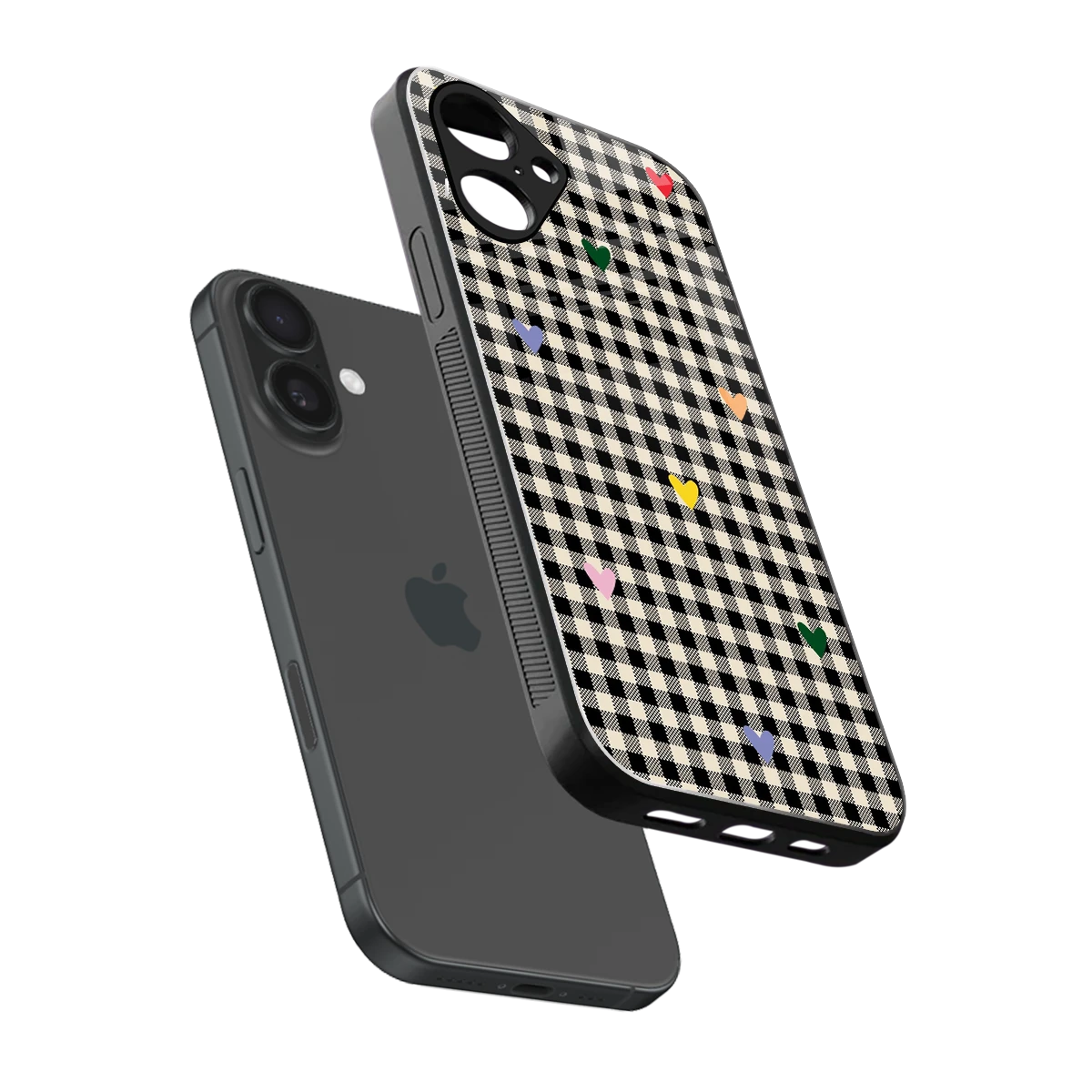 Checkered Love sleek iPhone 16 cover with tempered glass back and TPU edges