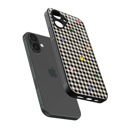 Checkered Love sleek iPhone 16 cover with tempered glass back and TPU edges