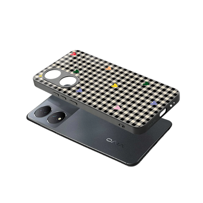 Checkered Love sleek Vivo-y100 cover with tempered glass back and TPU edges
