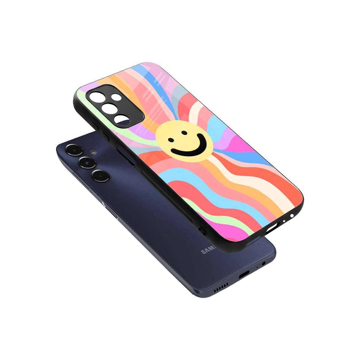 Cheerful Smiley sleek samsung galaxy m14 5g cover with tempered glass back and TPU edges