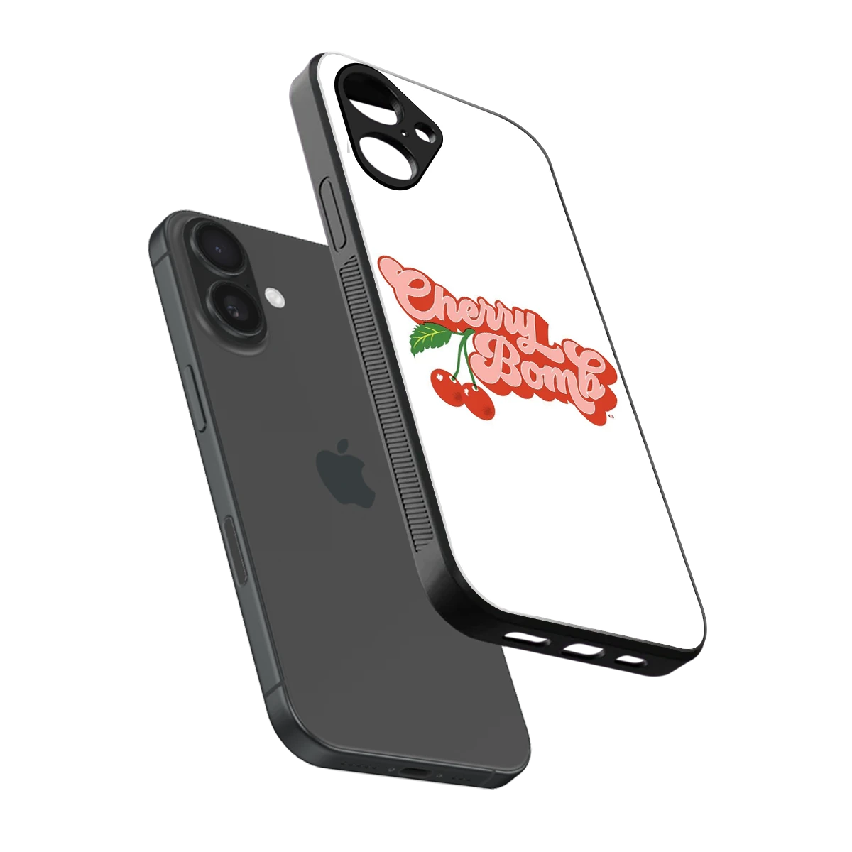 Cherry Bomb sleek iPhone 16 cover with tempered glass back and TPU edges