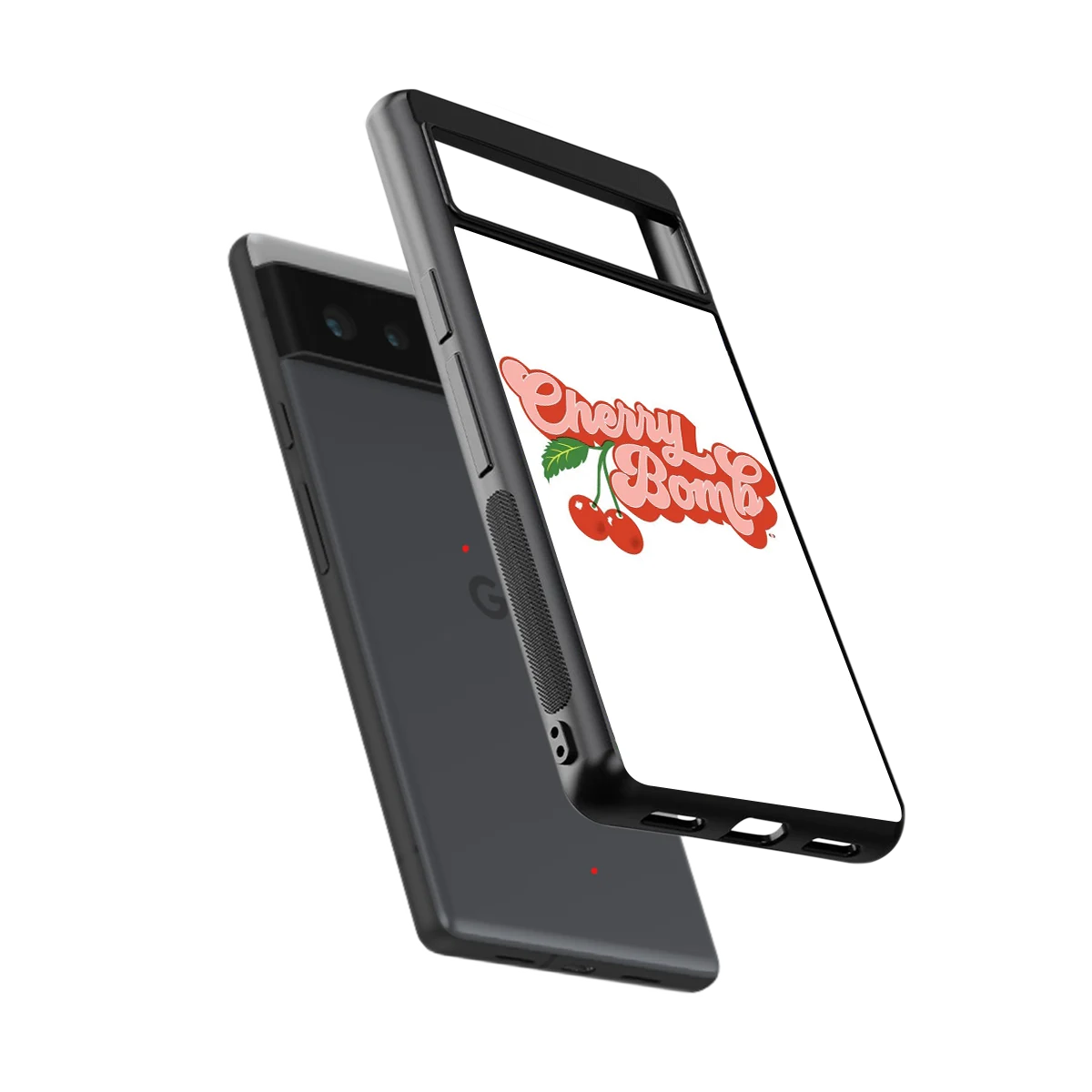 Cherry Bomb sleek google pixel 6a cover with tempered glass back and TPU edges