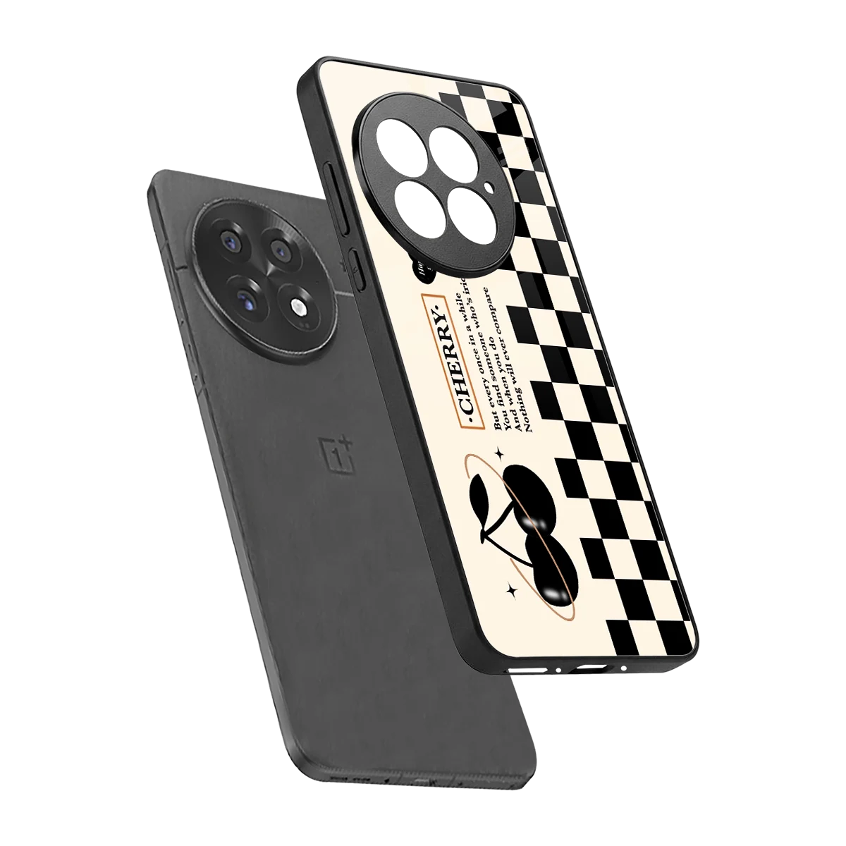 Cherry Checkered sleek oneplus 13 cover with tempered glass back and TPU edges