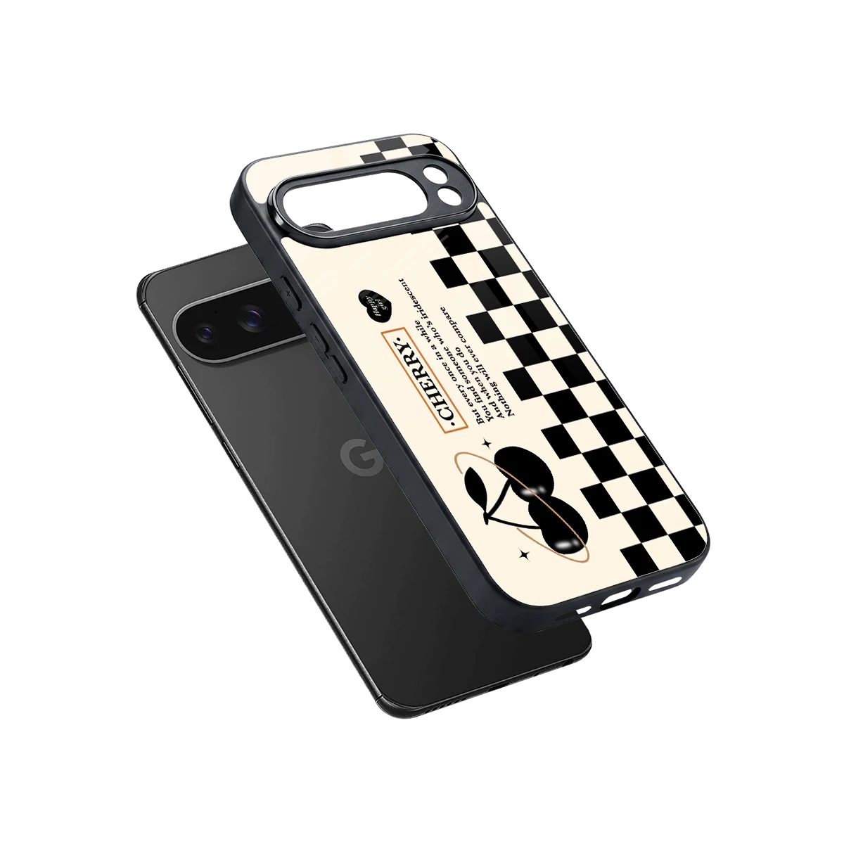 Cherry Checkered sleek google pixel 10 pro xl cover with tempered glass back and TPU edges