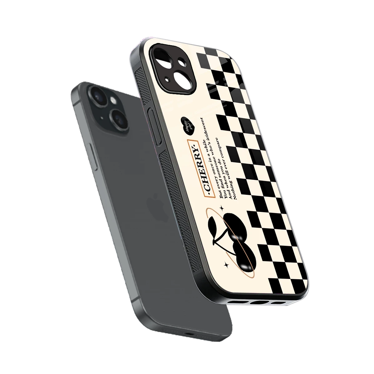 Cherry Checkered sleek iphone 14 plus cover with tempered glass back and TPU edges