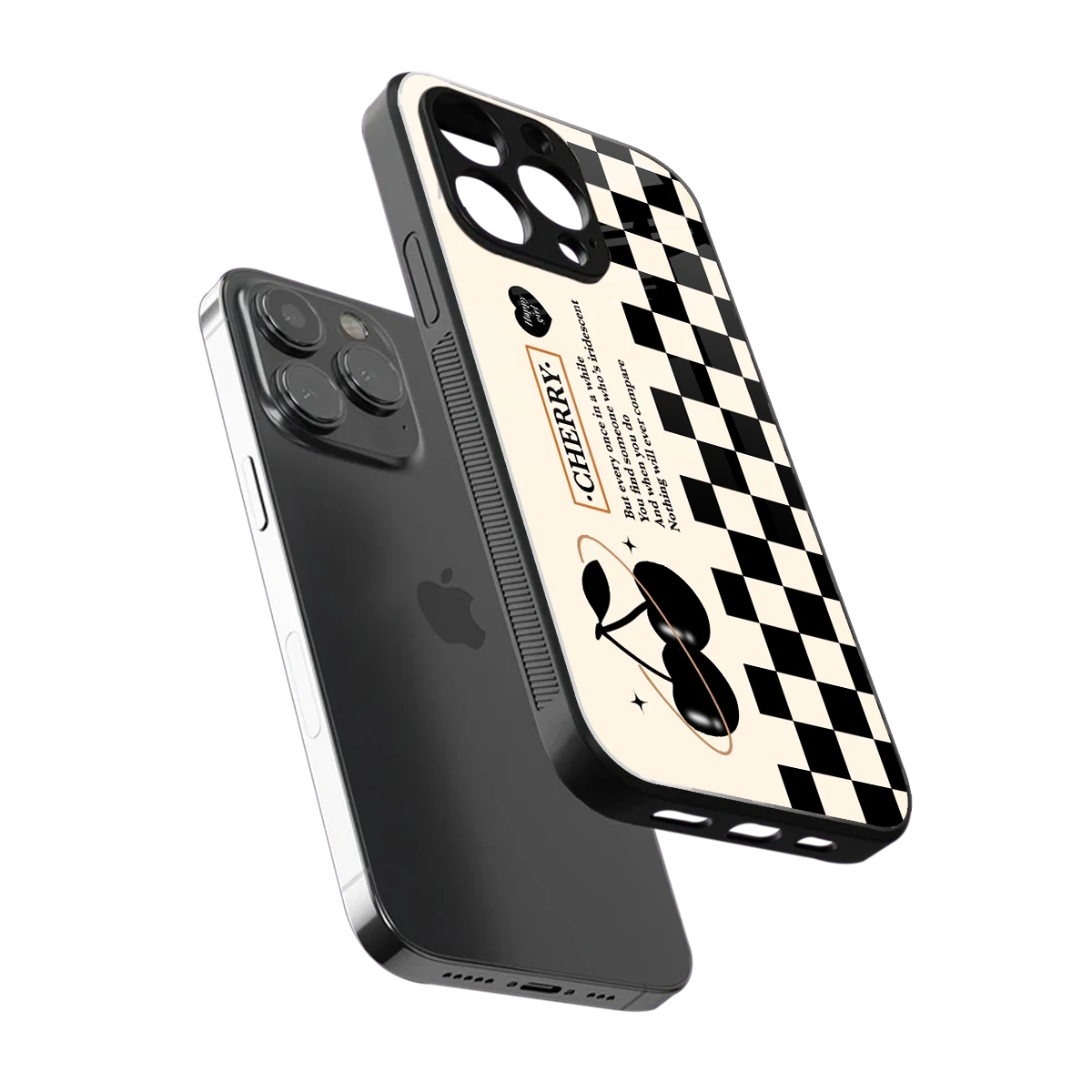 Cherry Checkered sleek iphone 15 pro cover with tempered glass back and TPU edges