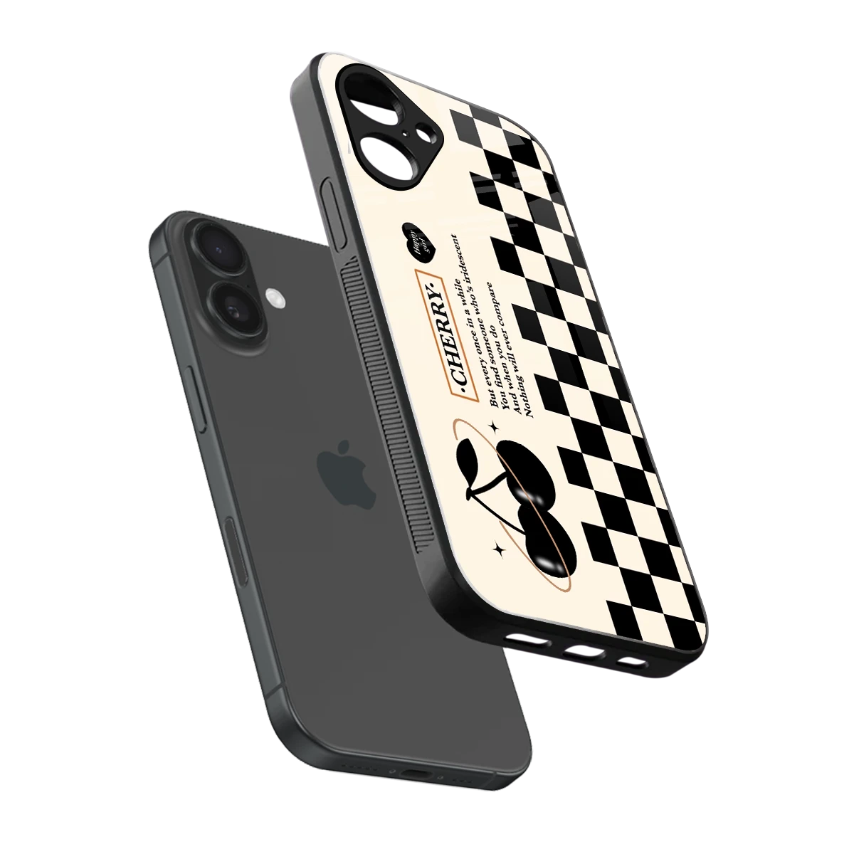 Cherry Checkered sleek iPhone 16 cover with tempered glass back and TPU edges