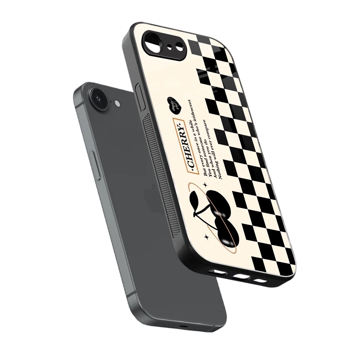 Cherry Checkered sleek iphone 16e cover with tempered glass back and TPU edges