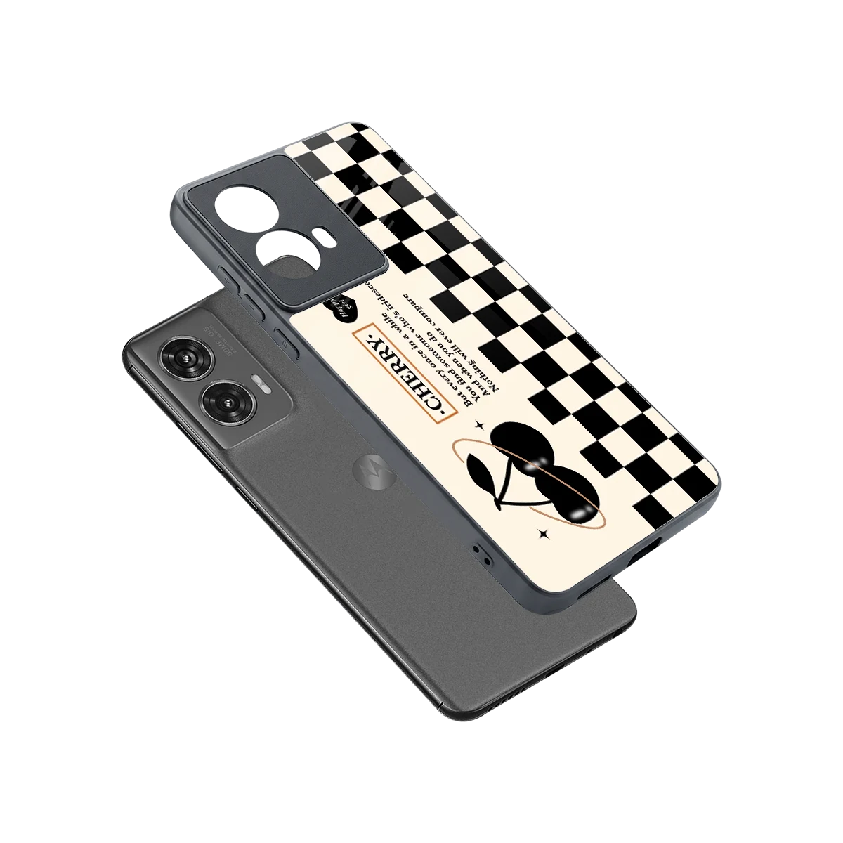 Cherry Checkered sleek motorola edge 50 fusion cover with tempered glass back and TPU edges