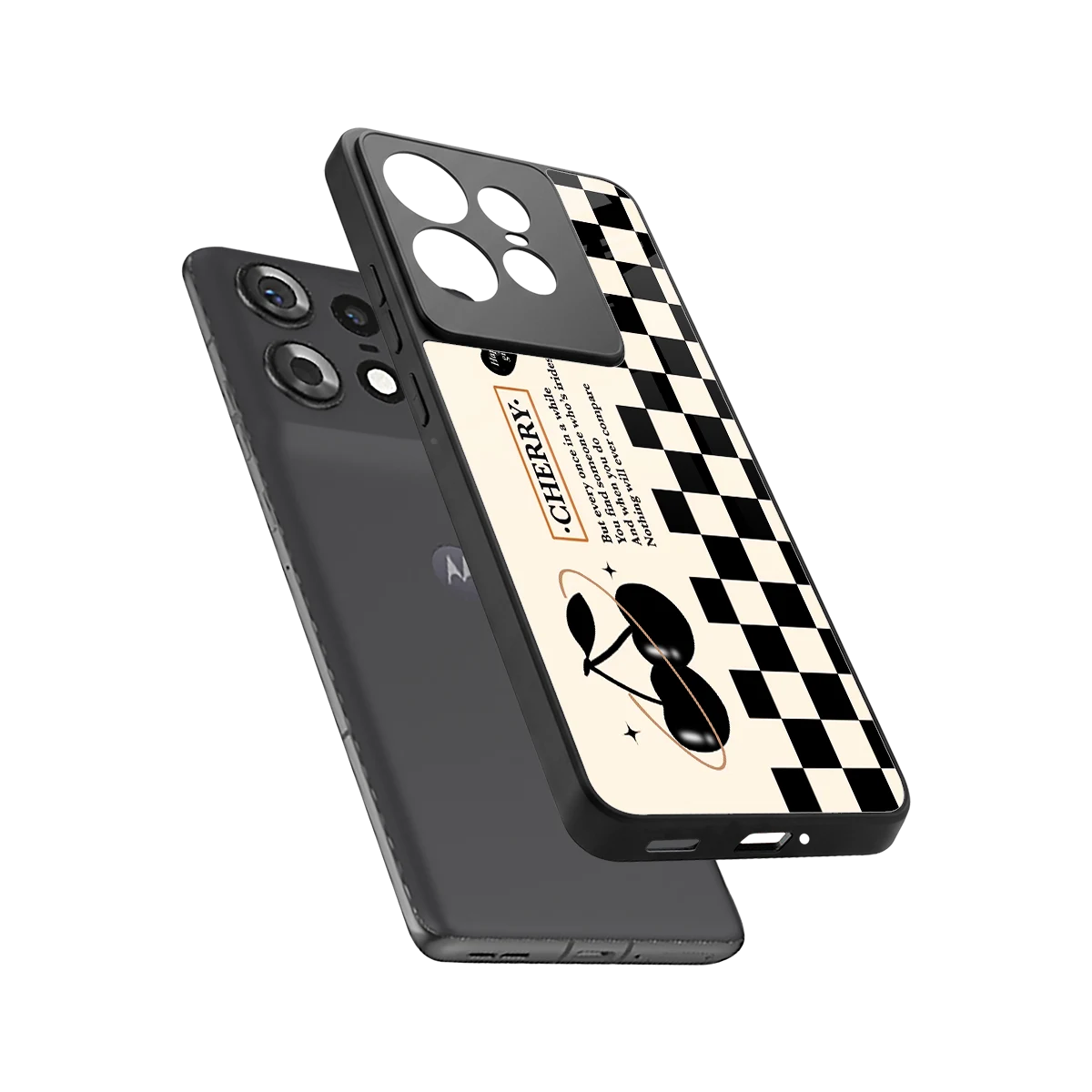Cherry Checkered sleek motorola edge 50 pro cover with tempered glass back and TPU edges